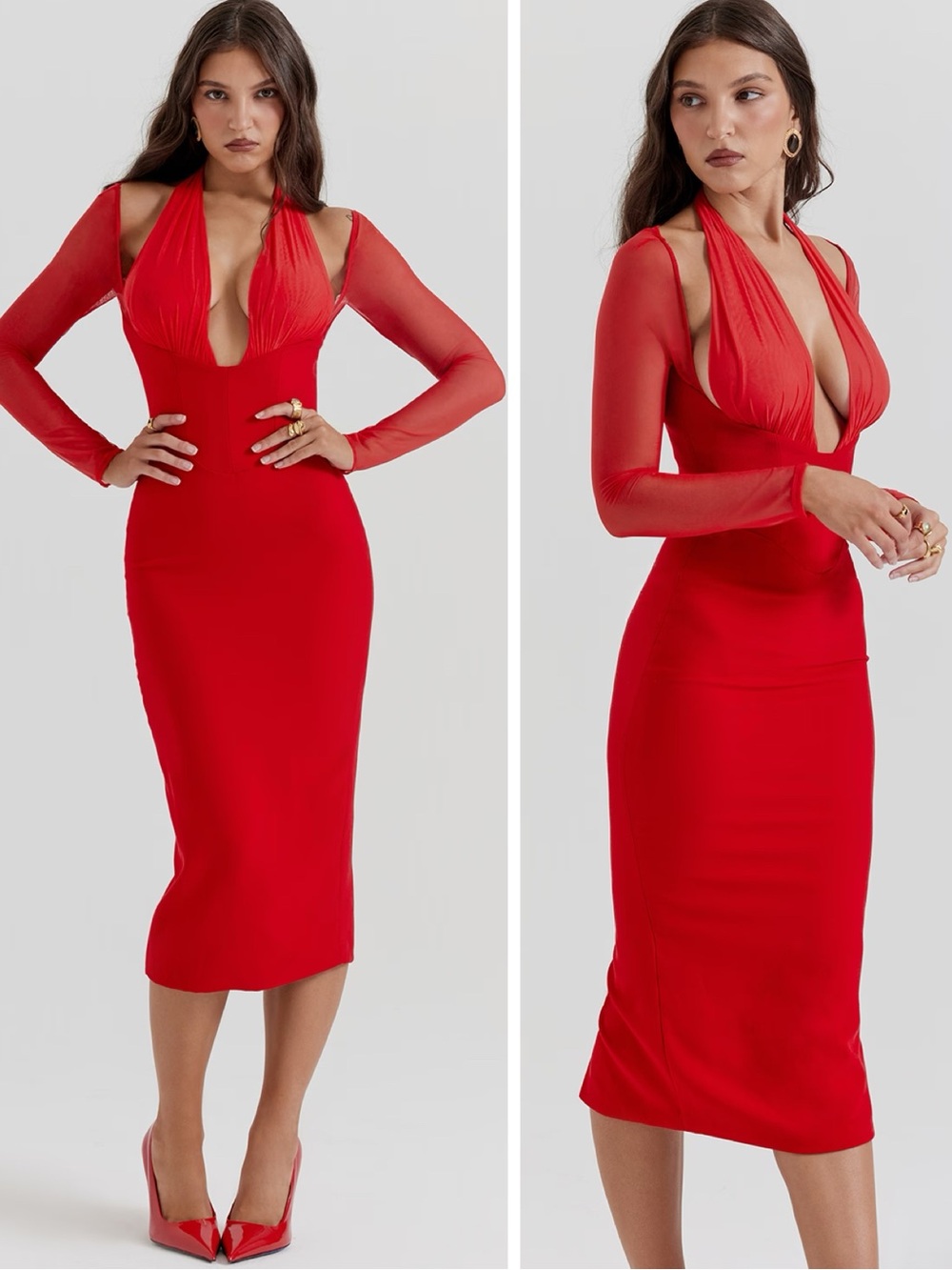 NWT House of CB Yasmin Scarlet Plunge Midi Dress True Red size M Bodycon - Picture 2 of 16
